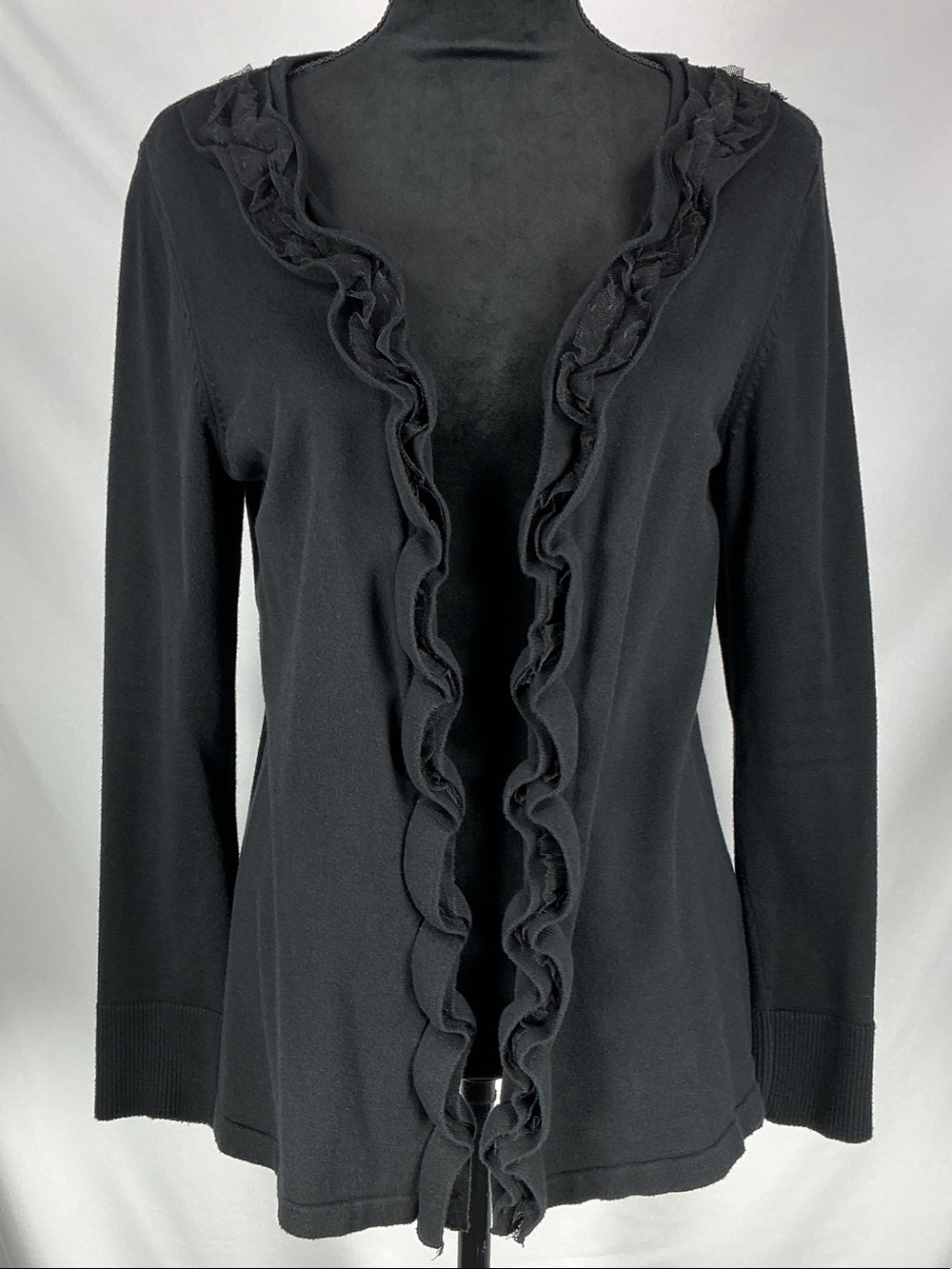 AB Studio XL Black Ruffle Front Open Cardigan Sweater Long Sleeve Knit